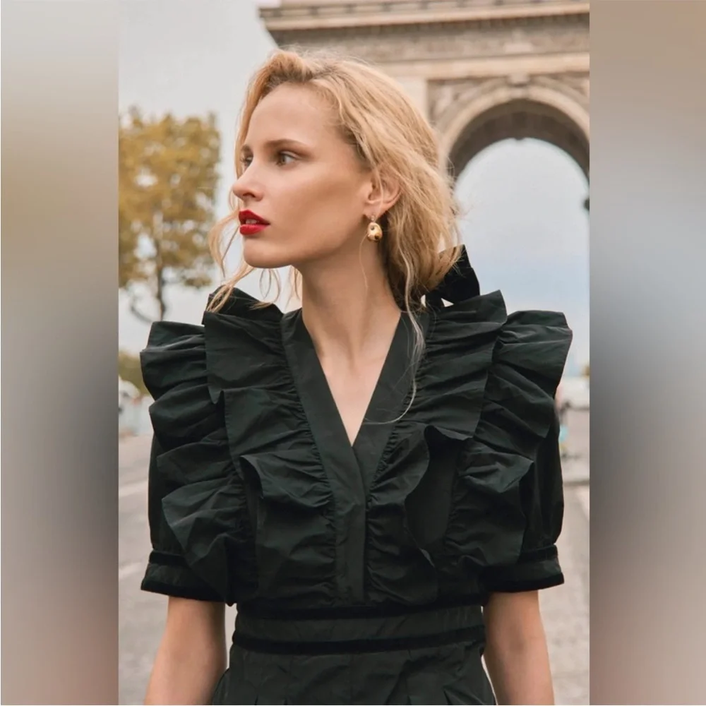 NWT HUNTER BELL Onyx Black Elva Ruffle Velvet Trim Jumpsuit Sz 4 - Picture 4 of 16